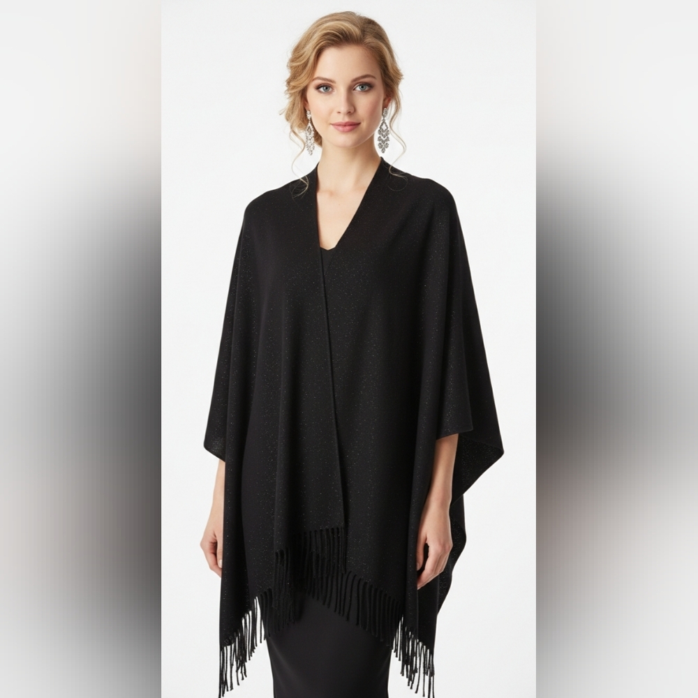 Adrienne Vittadini Elegant Black Poncho with Subtle Sparkle